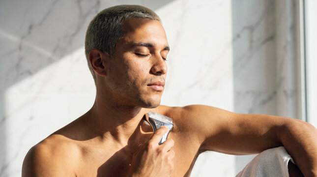 Content young man using chrome ice roller on neck for cooling skincare routine