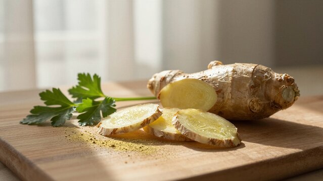 Sliced fresh ginger root and parsley leaves on a wooden cutting board in natural light.