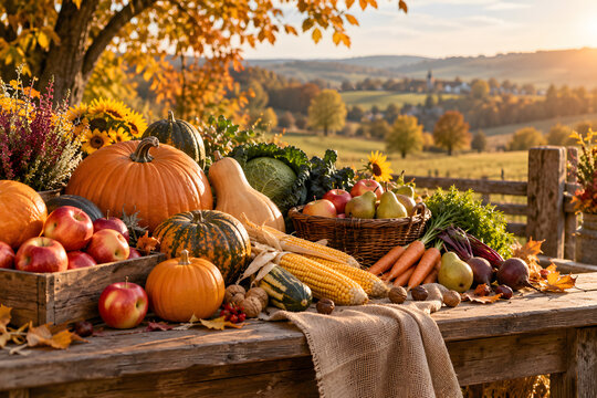 Abundant autumn harvest on a rustic wooden table with pumpkins, apples, pears, corn and seasonal vegetables in warm golden countryside light, ideal for food and agricultural advertising.