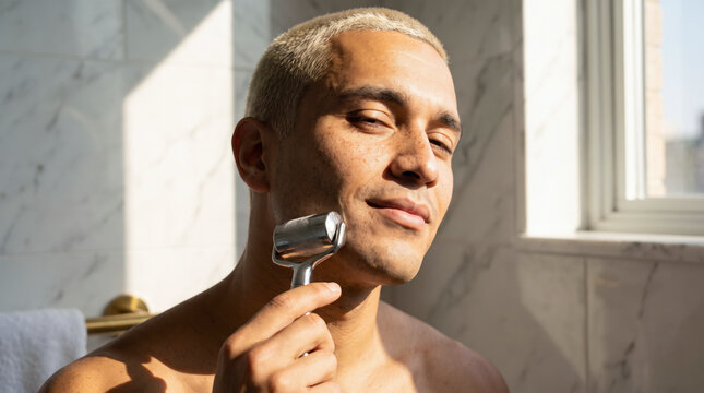 Content young man using facial roller on jaw during morning skincare routine