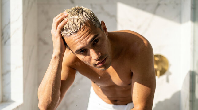 Young man rinsing wet hair with water droplets during morning shower routine