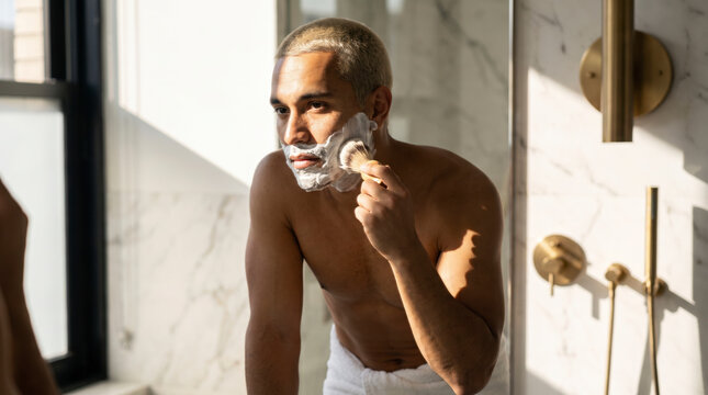 Focused young man applying shaving foam with brush during morning grooming