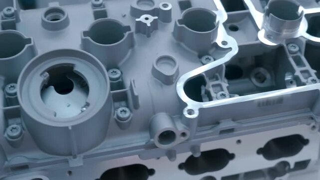 A sample of the new cylinder head of truck engine is presented at the exhibition. Closeup. Shot in motion