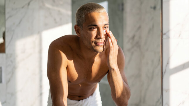 Content young man applying eye cream beneath his eye each morning ritual