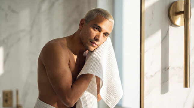 Thoughtful young man drying his face with towel after morning skincare routine
