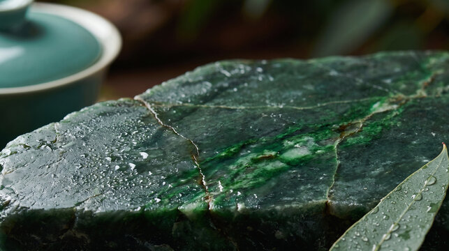 Moist jade stone backdrop for botanical spa wellness