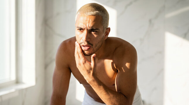 Young man examining his jawline with focused expression during morning routine