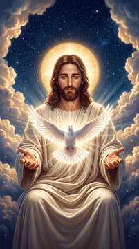 A stunning and highly detailed image of Jesus in heaven, with a white dove.