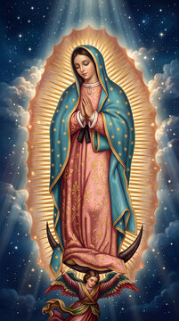 Virgin of Guadalupe illustration, celebration every December 12 in the Basilica of Guadalupe, a highly venerated virgin in Mexico and Latin America, also known as the brown virgin