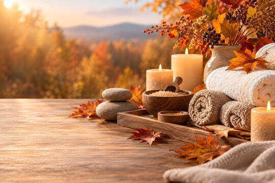 Autumn spa wellness still life with rolled towels, candles, massage stones, salt bowl and seasonal foliage on a wooden table, warm golden light and copy space for premium relaxation advertising.