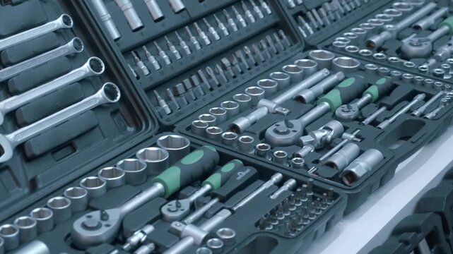 Samples of new sets of car wrench in toolboxes are presented at the exhibition. Closeup. Shot in motion. Follow focus