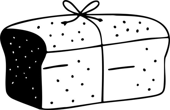 Hand-drawn black and white bread loaf tied with string doodle illustration