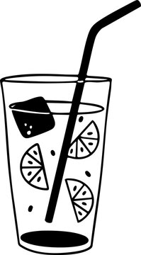 Hand-drawn black and white iced lemonade glass with straw doodle illustration