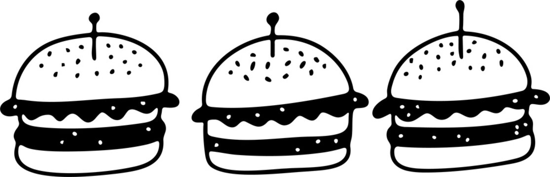 Hand-drawn black and white three mini burgers sliders doodle illustration