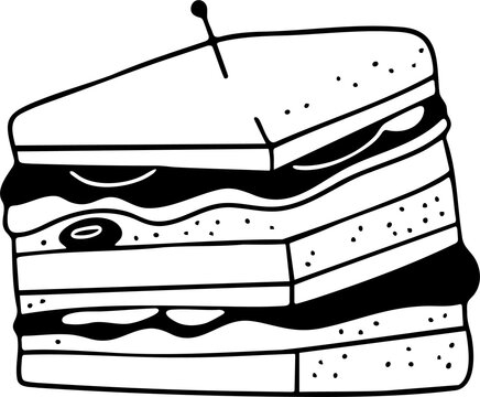 Hand-drawn black and white club sandwich with toothpick doodle illustration
