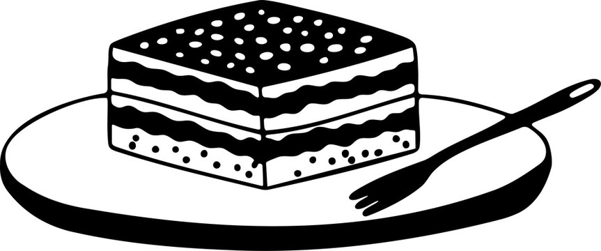 Hand-drawn black and white layered cake slice on a plate doodle illustration
