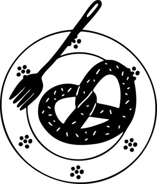 Hand-drawn black and white pretzel on a plate with fork doodle illustration