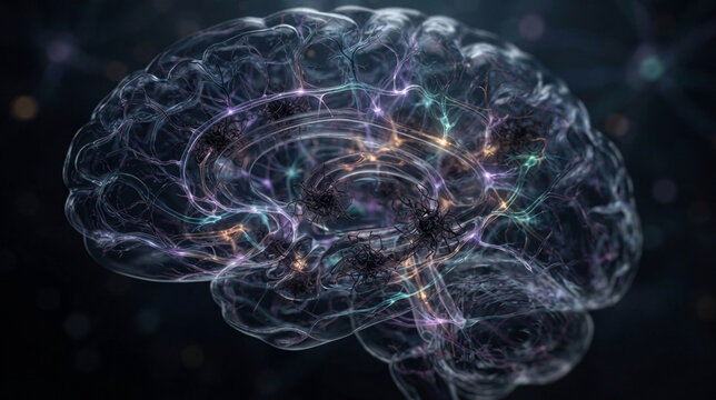 transparent brain cross-section with tau tangles, dim neural networks, synaptic threads, cortical folds, and microscopic fibrils