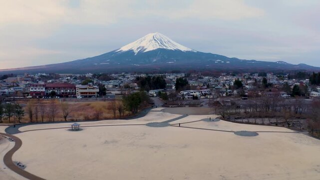 Wide Aerial View of Fujikawaguchiko Townscape and Mount Fuji
