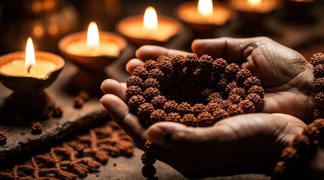Hands hold rudraksha beads near lit candles. Person practices Hindu meditation ritual with mala. Spirituality and faith illuminated by gentle flame.