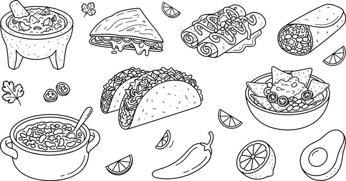 Traditional Mexican Food and Cuisine Line Art Icon Set featuring Tamales, Pozole, Tortillas, Chiles en Nogada, and Pan de Muerto for Menu Designs