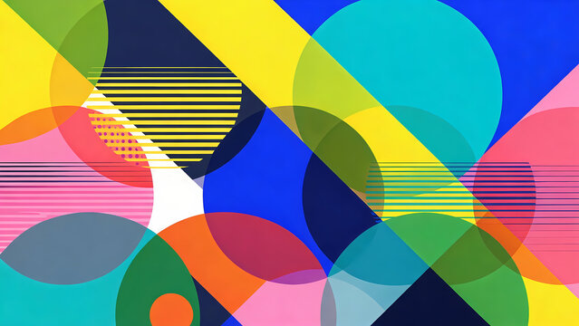 Abstract colorful geometric pattern with overlapping circles and striped layers for modern design backgrounds