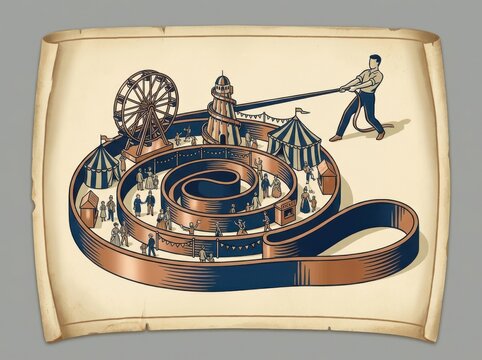 Amusement park illustration on parchment with ferris wheel and crowd