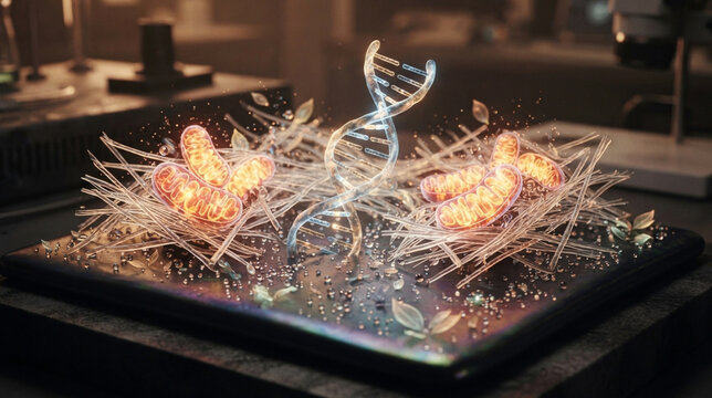 Longevity-science tableau with glowing DNA, mitochondria clusters, collagen fibers, and nutrient droplets suggesting healthy aging and vitality.