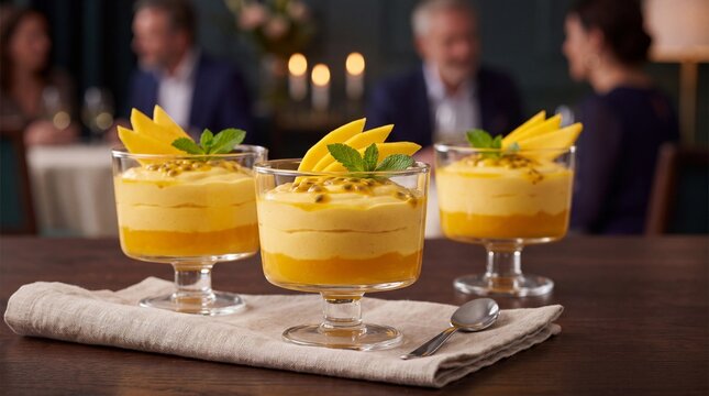 Gourmet Dessert Creation, Delicate glass cups filled with vibrant mango and passion fruit mousse