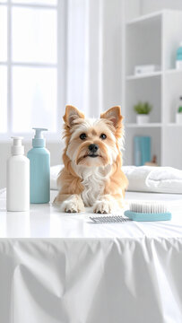 A cute Yorkshire Terrier awaits grooming on a clean table in a professional salon. This serene, bright scene evokes professional pet care, hygiene, and wellness. Nobody present in this image.