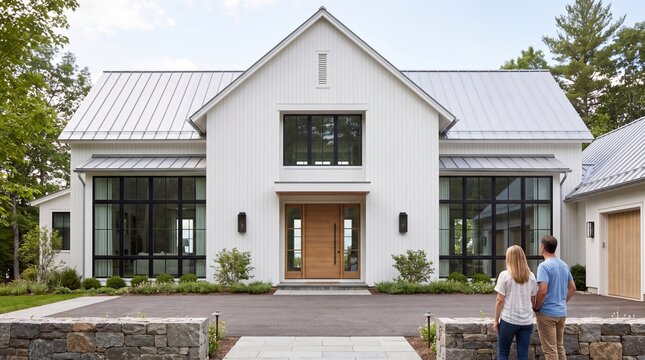 Modern Architecture Design, A sleek modern farmhouse with a symmetrical faade and large windows