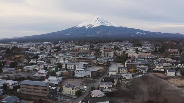 Wide Telephoto View of Fujikawaguchiko Town and Mount Fuji Peak