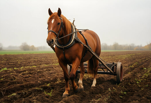 Sustainable agriculture and traditional farming, draft horse pulling a plow in a rural field for organic crop cultivation and soil preparation