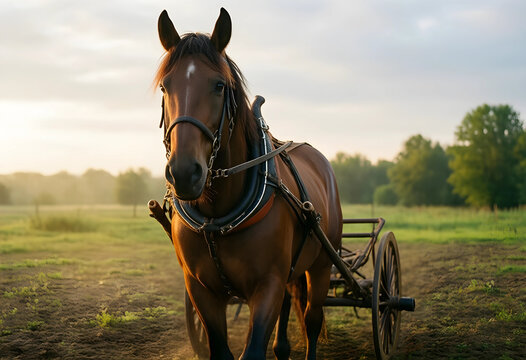Rural heritage and traditional agriculture, brown horse pulling a wooden cart in a field at sunrise for sustainable farming and historical lifestyle