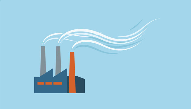 A flat vector illustration of an industrial factory with smoking chimneys and wavy white steam against a light blue background.