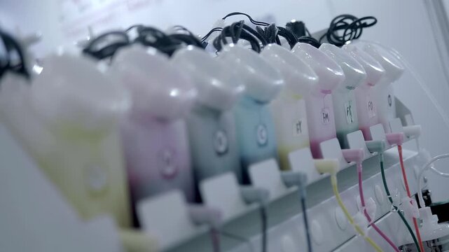 A row of multiple cartridges of different colors from a large industrial printer. Closeup. Shot in motion