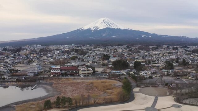 High Angle Aerial View of Fujikawaguchiko Townscape and Mount Fuji