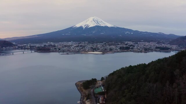Aerial View of Forest Hill and Lake Kawaguchiko with Mount Fuji Peak