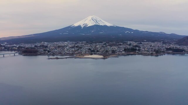 Lake Kawaguchiko Shoreline Aerial View with Mount Fuji under Soft Morning Light