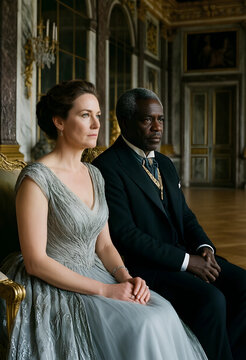 Diplomacy and international relations, diverse leaders in formal attire sitting in a historic palace hall for a high level political summit meeting