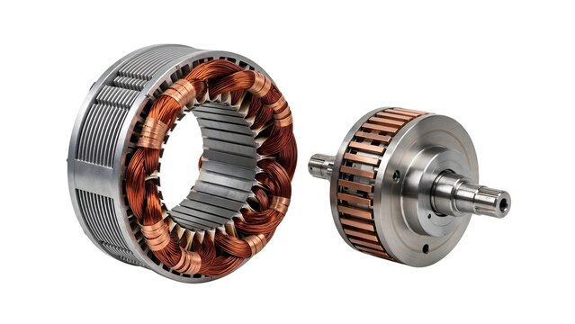 Industrial electric motor parts - stator with copper wire winding and rotor with copper bars and steel shaft isolated on white, engineering concept.