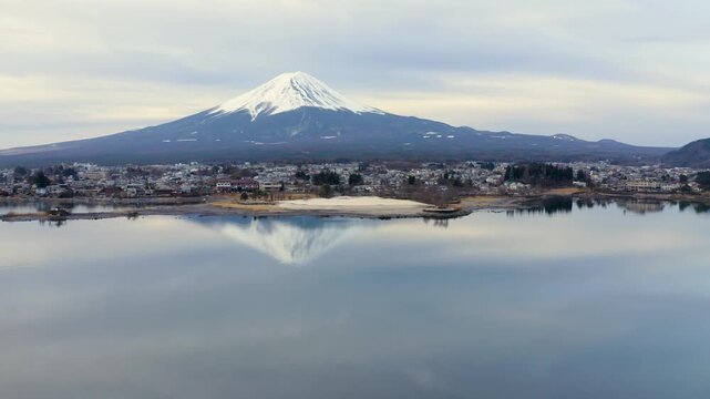 Aerial Shot of Mount Fuji Reflection on Lake Kawaguchiko with Shoreline Island
