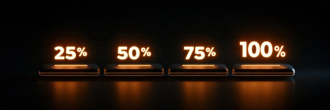 Four glowing amber markers indicate progress at 25%, 50%, 75%, and 100% on a dark horizontal bar. The scene conveys achievement and completion.