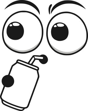 Funny comic vector character with huge eyes drinking a refreshing soda through straw happily.