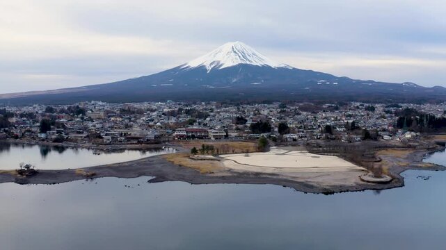 Mount Fuji and Lake Kawaguchiko Aerial View with Fujikawaguchiko Town in Japan