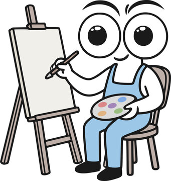 Funny vector cartoon character with big eyes painting creatively on a canvas as an artist.