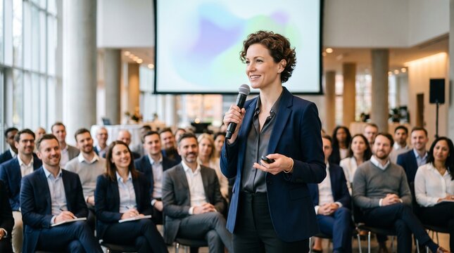 Confident female speaker addressing an attentive audience at a business conference or seminar with a presentation screen behind her