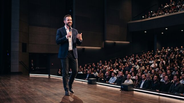 Confident Male Speaker Addresses Large Audience in Modern Auditorium with Stage Lighting