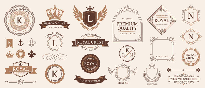 Noble crest design elements set with vintage royal emblem badges, crown monogram logo templates, ribbon banners and laurel frames for luxury branding, invitations and premium label design