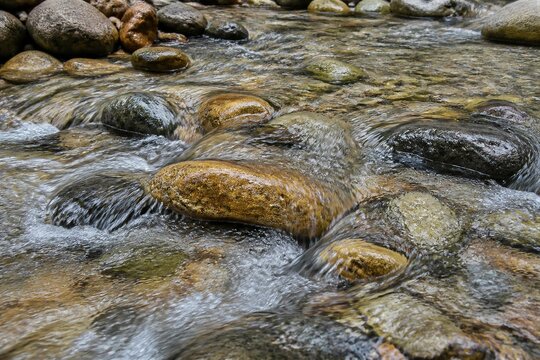 Smooth river stones flowing over shallow mountain streambed
